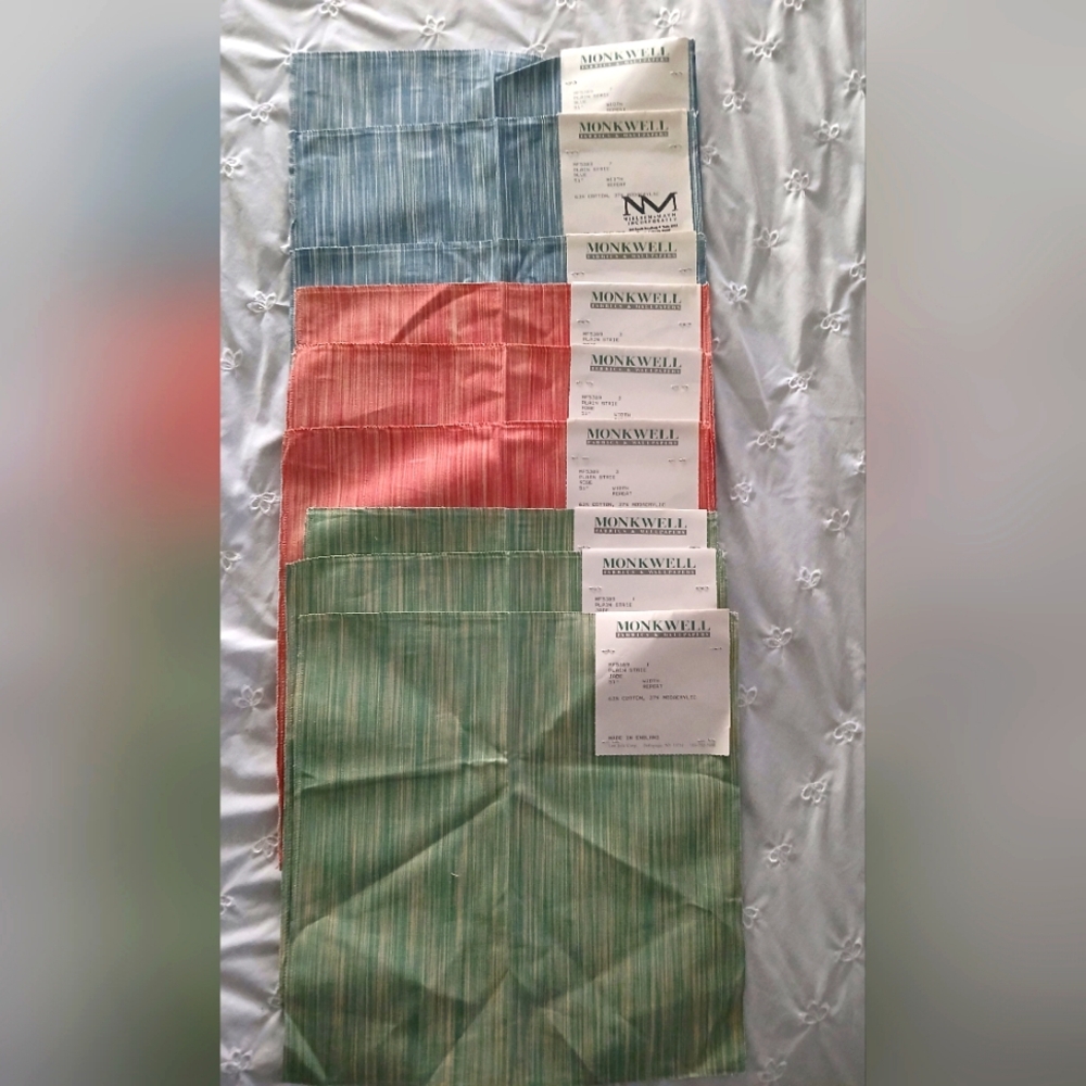 9 piece Monkwell Lee Jofa 12"x12 plain Strie  fabric remnants Jade Rose Blue